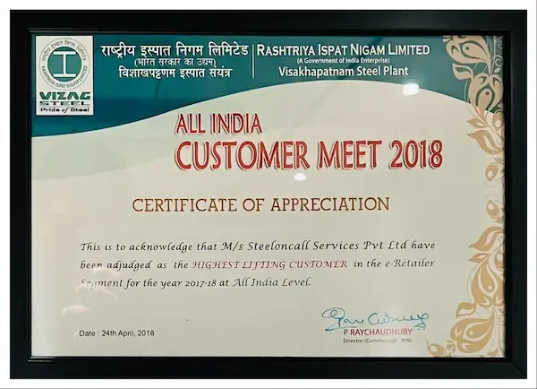 Vizag Steel Certificate